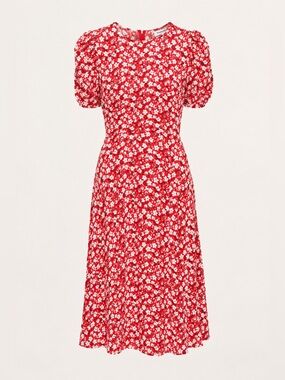 Reformation Andre Floral Print Midi Dress Red White Puff Sleeve Size 4